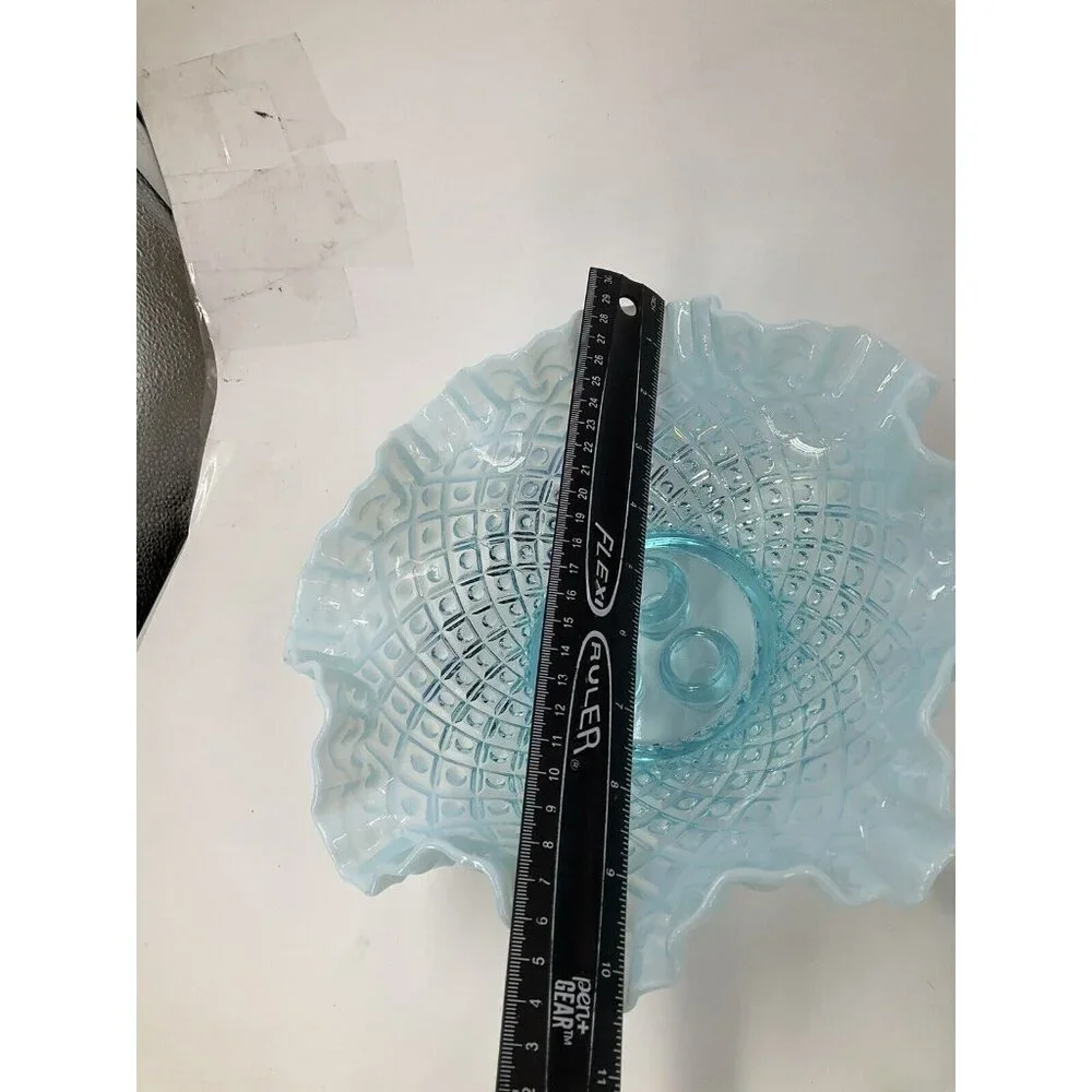 FENTON Glass 10" Flower EPERGNE Sea Blue Opalescent Hobnail Diamond Lace, MINT!! - Picture 11 of 16